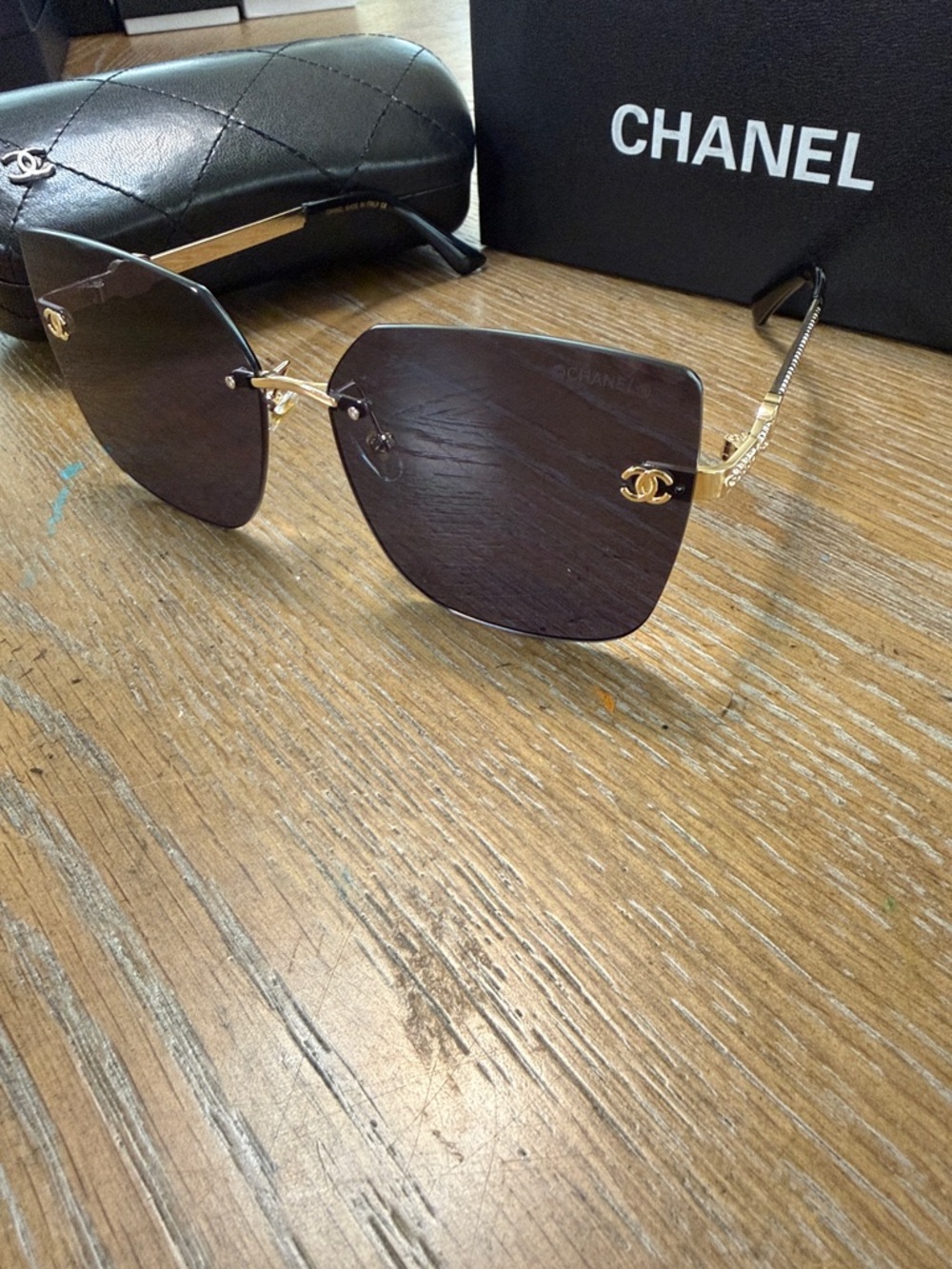 Chanel Black and Gold Square Rimless Sunglasses - Picture 5 of 10
